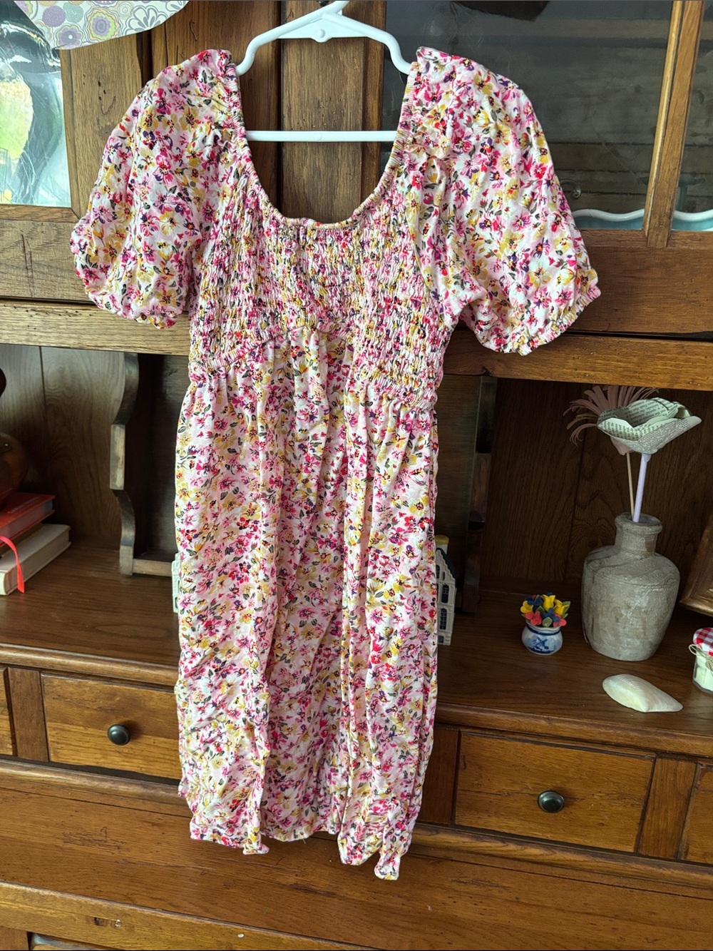 Floral Pink Smocked Puff Sleeve Dress